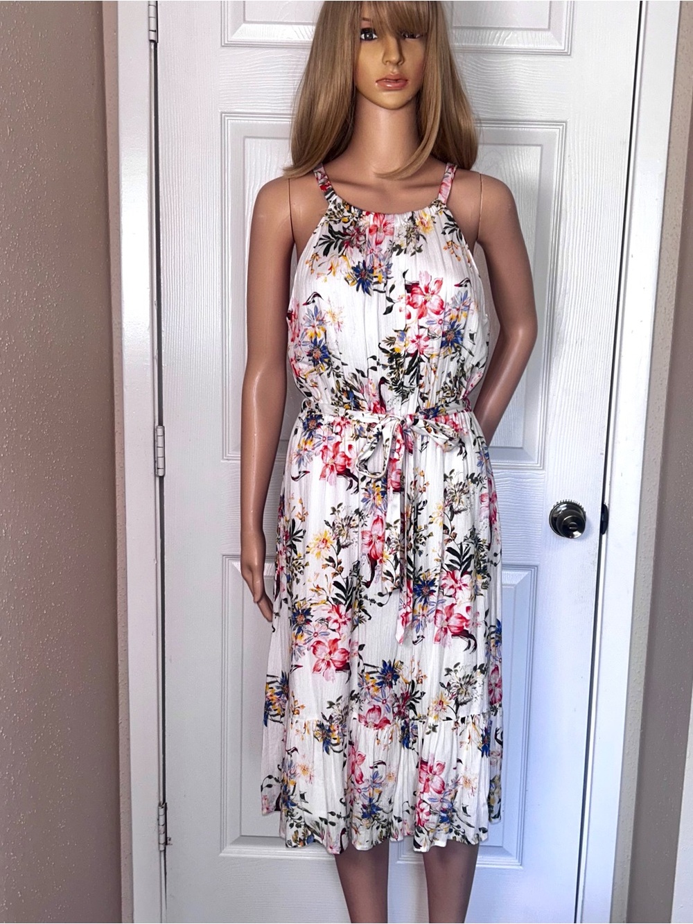 Collective Concepts White Floral Halter Midi Dress with Pink & Blue Accents